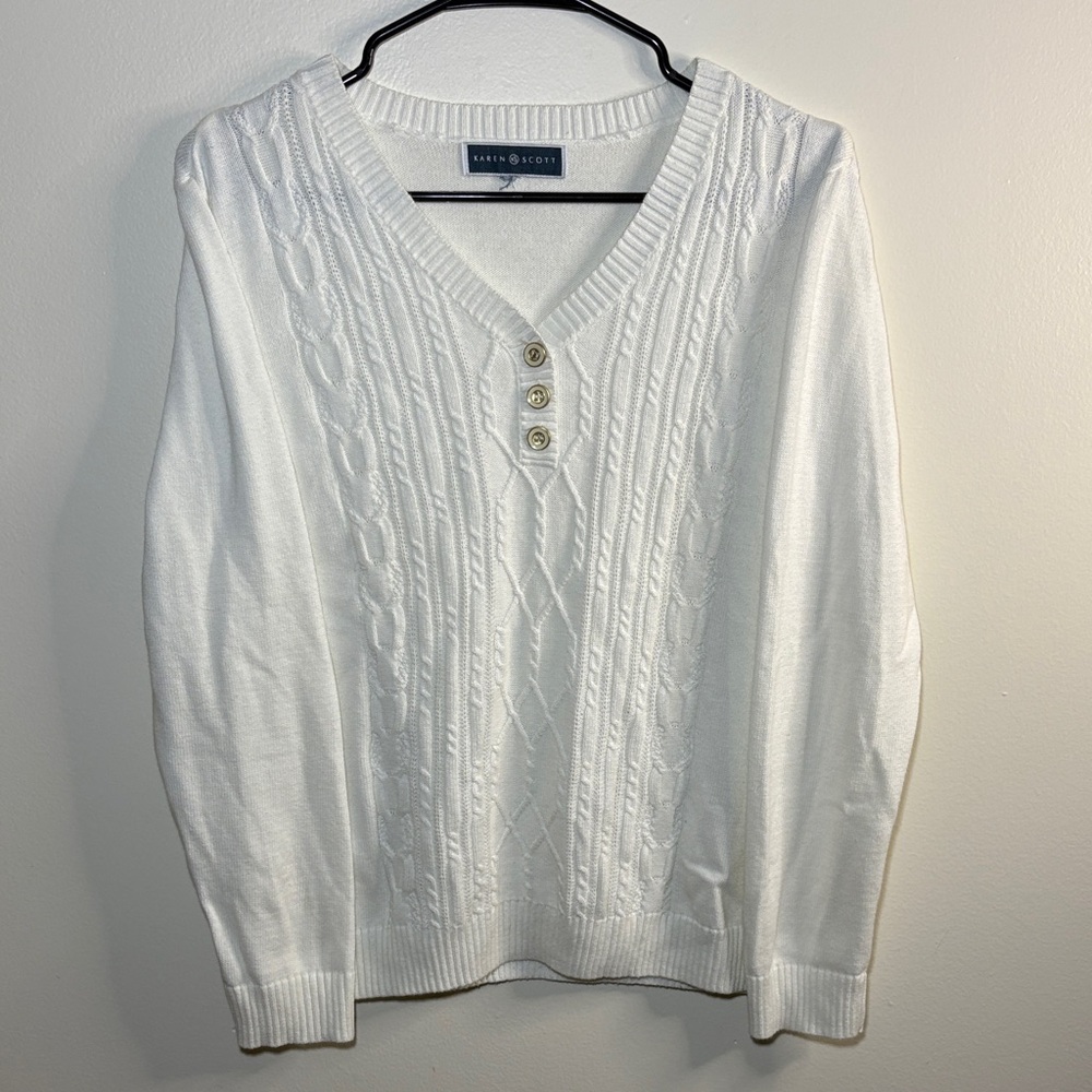 Karen Scott White V-Neck Sweater with Button Detail